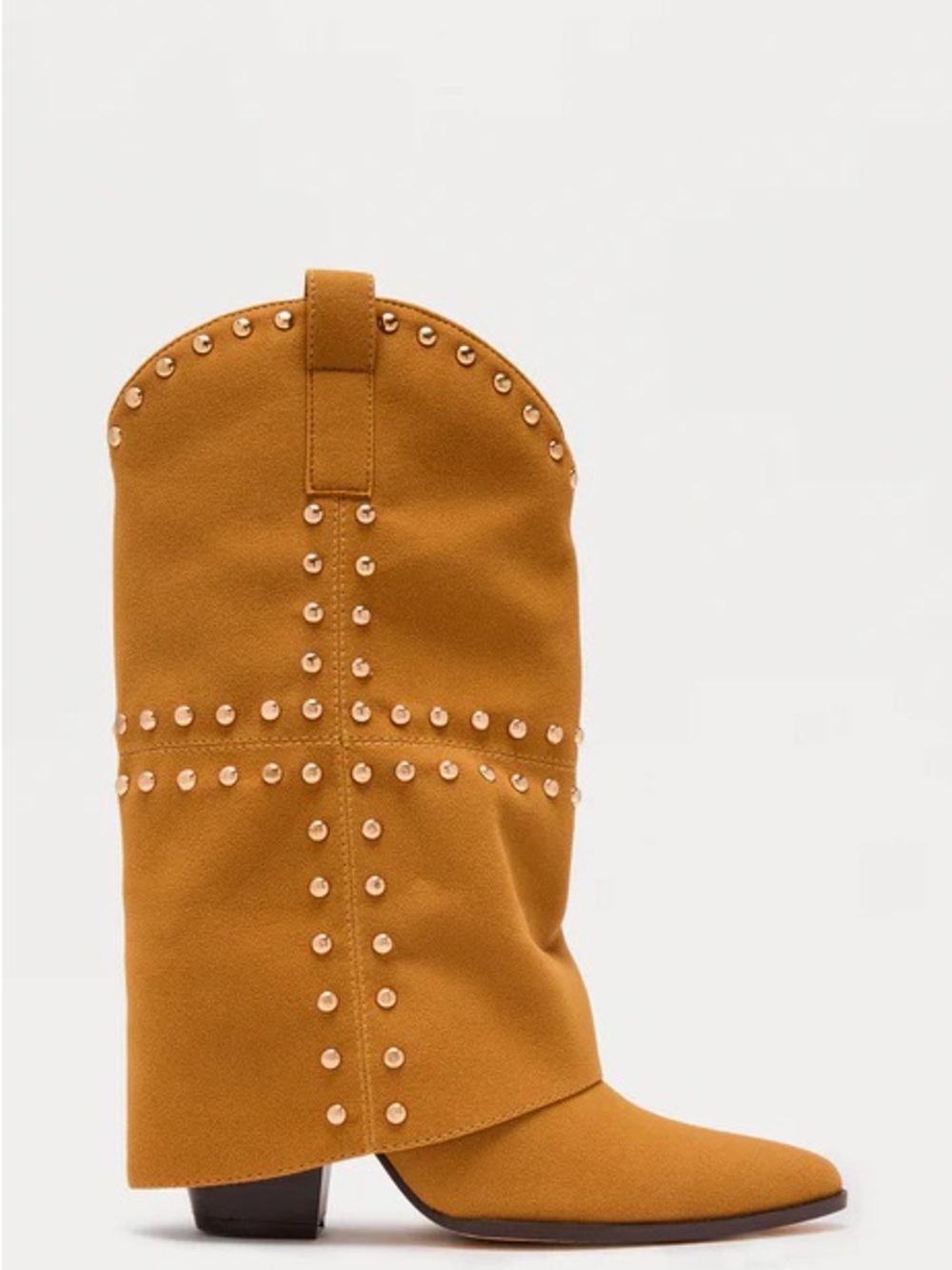 Studded Tan Brown Cowgirl Mid-Calf Overlay Boot - Picture 3 of 6